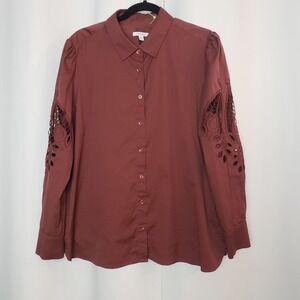 Chicos Rust Brown Eyelet Cutout Sleeve Button Down Shirt Top Size 3 US 16